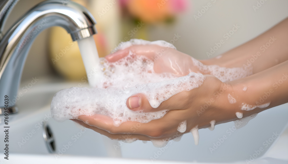 Fototapeta premium Washing hand with soap in bathroom