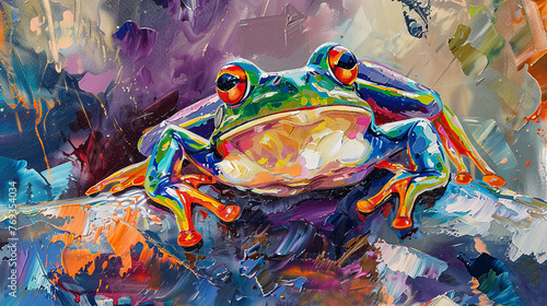 Colorful artwork of  cute frog on abstract background. Oil painting. photo