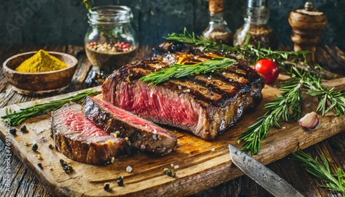 Summer BBQ Grilled T-Bone Steak with Seasonings on Wooden Board