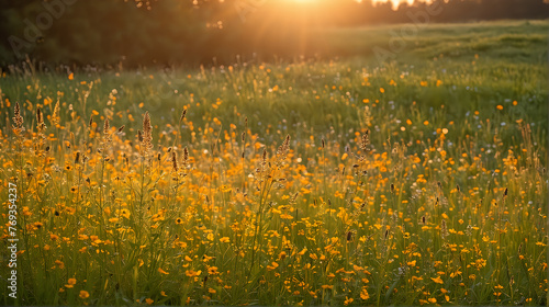 Yellow wildflowers meadow with sunset background. Spring time.