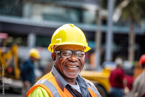 An elderly dark-skinned man wearing a hard hat and glasses