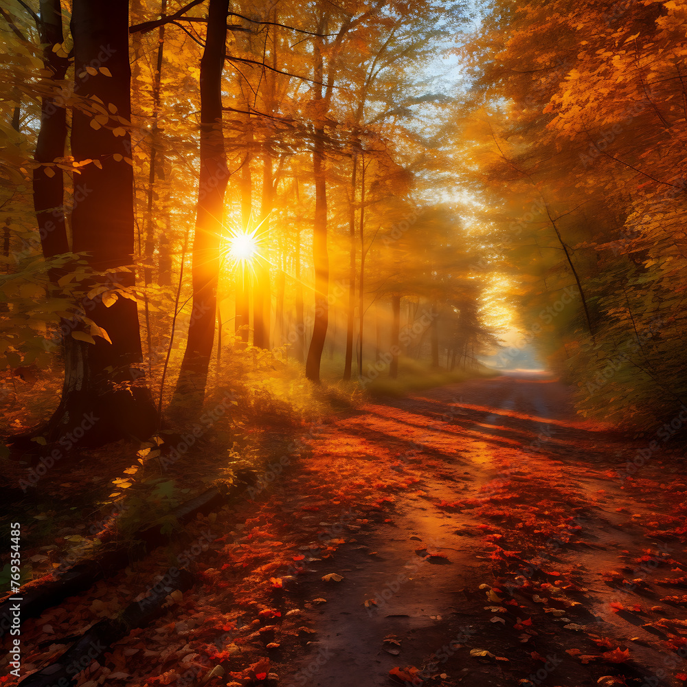 Obraz premium Autumn forest in the morning with sunbeams shining through the trees