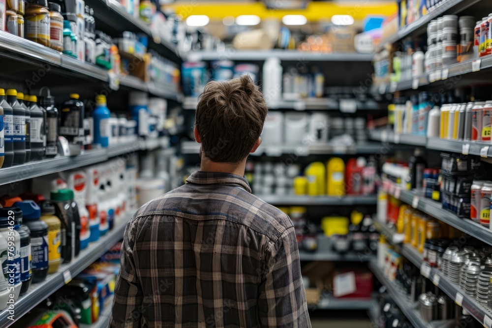 A man is standing in a store aisle, carefully looking at a shelf stocked with various drinks