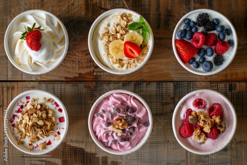 Four bowls filled with yogurt, granola, and fruit arranged on a textured wood surface from an overhead perspective