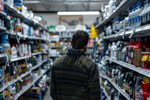 A man standing in a store aisle, looking at the shelves filled with products