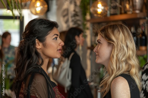 A profile shot of two women deep in conversation, standing closely next to each other