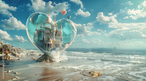 Fantasy palace in a reasonable glass heart on white sand ocean side sky and seascape photo