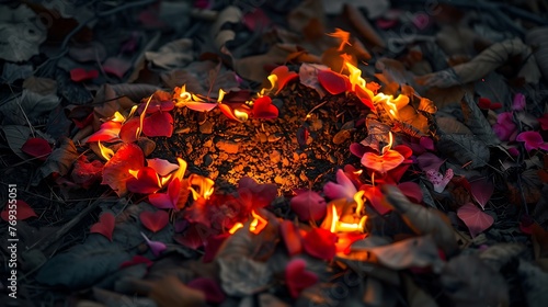 flame way prompting a heartshaped bed of flower petals on the woodland floor