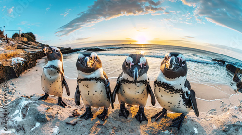 Multiple penguins are seen standing on top of a sandy beach