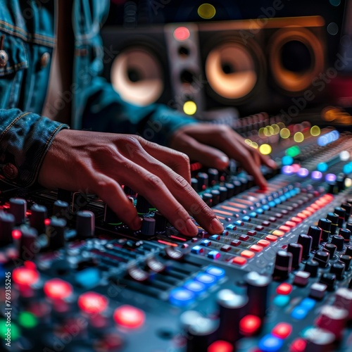 Focused teenager skillfully operating a sound mixing console in a music studio