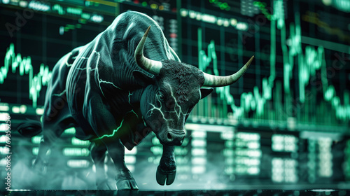 Bull standing in front of a green background, symbolizing bullish market trends and trading on the stock exchange © Anoo