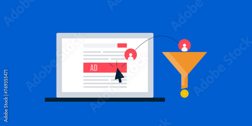 Digital advertising converting online audience to paying customer with marketing sales funnel, CTR and CRO business strategy, vector illustration.