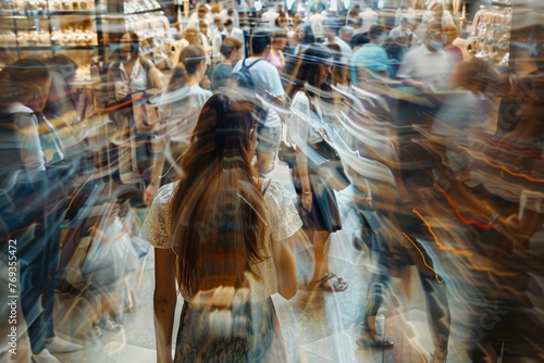 A chaotic scene in a store with a blurry crowd of people moving around