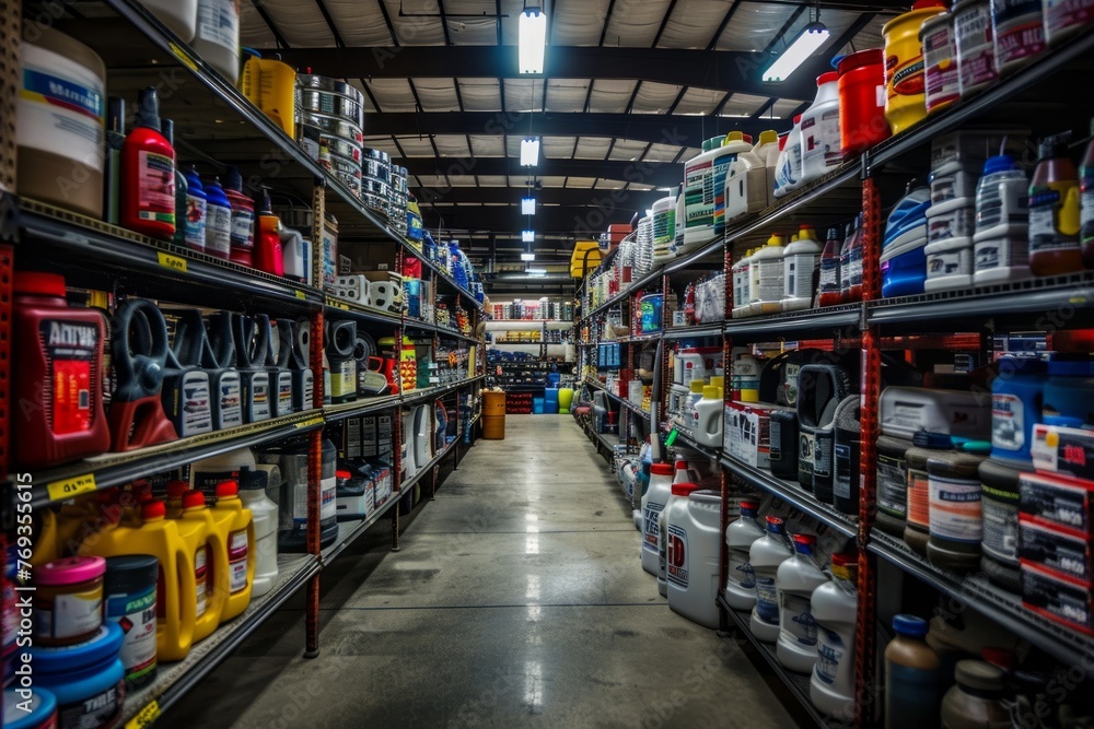 A wide shot of a bustling auto parts store filled with a variety of products for vehicles