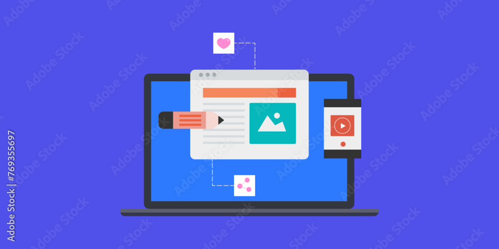 Blog content writing and video content creation for social media, digital marketing strategy for audience engagement, vector illustration. Blog content writing and video content creation for social media, digital marketing strategy for audience engagement, vector illustration.