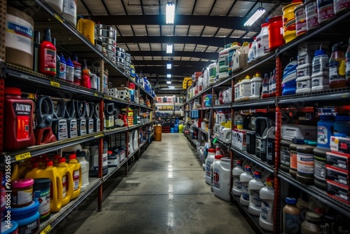 A wide shot of a bustling auto parts store filled with a variety of products for vehicles photo