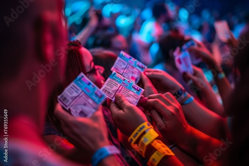 A group of individuals excitedly showing concert tickets to each other in a crowded event setting
