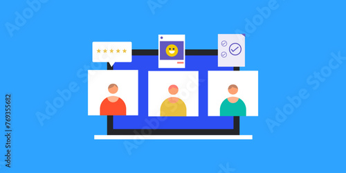 Customer experience, multiple clients sharing feedback, rating and review about business product and customer service, vector illustration web banner.