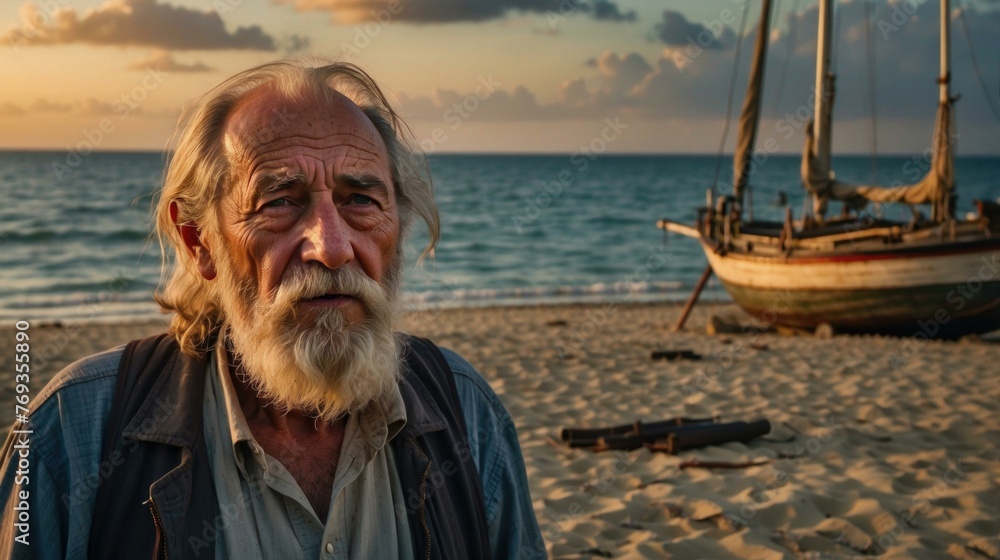 Fototapeta premium An old man with a beard standing on the beach with a sailboat. Generative AI.