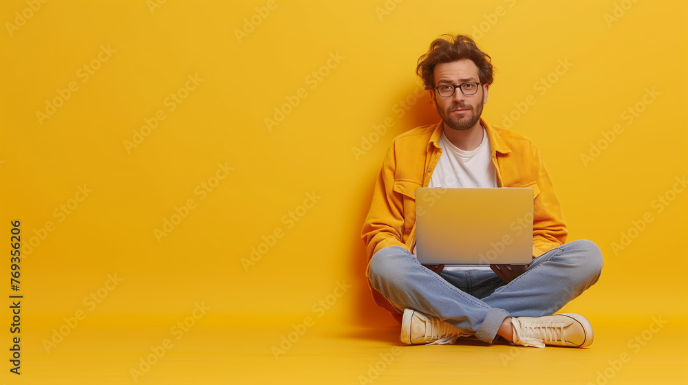 Full length portrait Tired young businessman working at home using laptop and looking Anxious on yellow color background professional photography. Full length portrait Tired young businessman working at home using laptop and looking Anxious on yellow color background professional photography.