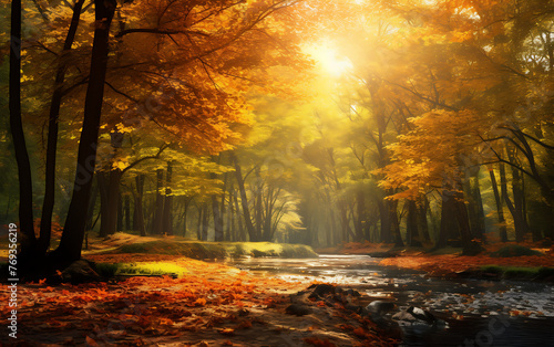 Autumn forest at sunrise. Beauty nature scene with sunbeams © Laik Alam