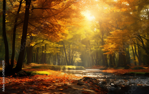 Autumn forest at sunrise. Beauty nature scene with sunbeams