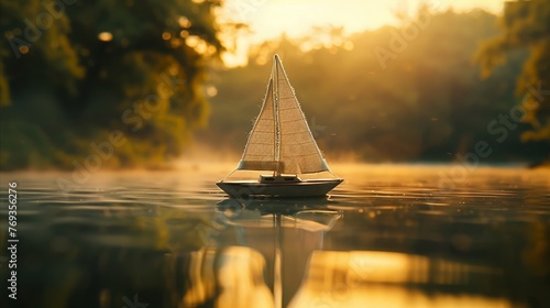 A small, handcrafted sailboat drifting lazily on a glassy pond at sunrise, the silence golden and undisturbed , photo