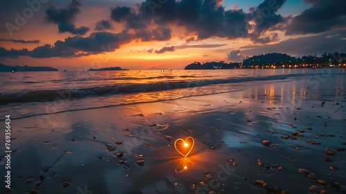 Heart shape on the ocean front at nightfall time idea of adoration and sentiment