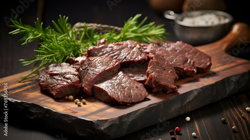 grilled pork chops, Fried beef steak freshly cooked meat AI generated image, Venison raw meat steak on a cuuting board with rosemary. black background. top view.
 photo
