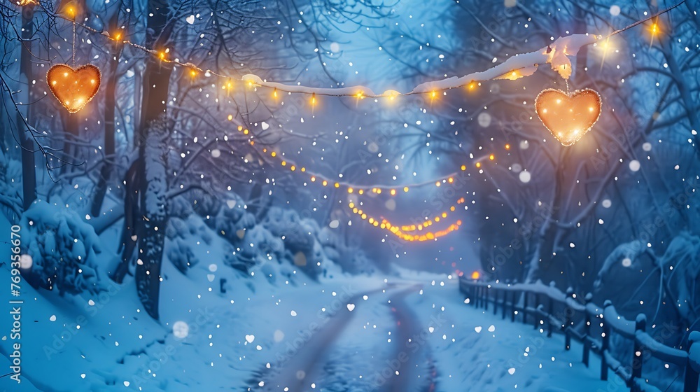 Heartfelt and lovely snow scene blue sky nightfall heart formed festoons