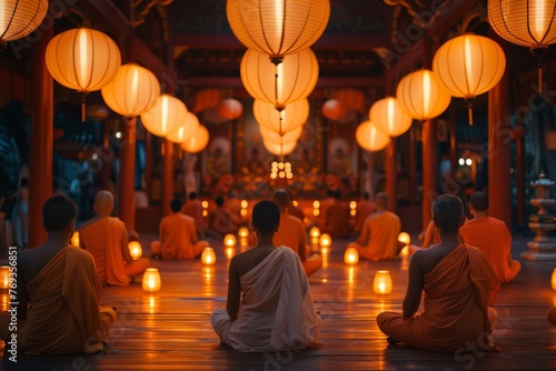 Devotees meditating in a lantern-lit hall during Buddha Purnima photo