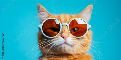 Funny cat portrait in sunglasses happy Animals Closeup with blue sky background 