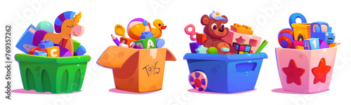 Kid box with bear toy, ball and child car cartoon. Full gift chest collection to play in kindergarten for toddler clipart set isolated on white background. Old teddy and animals stuffed in package
