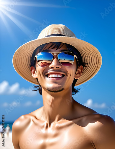 Happy young and handsome Asian tourist man wearing beach hat and sunglasses on blue sky background going to travel on holiday. Tourism, travel, beach vacation. #769357493