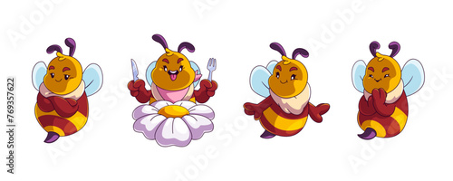 Cute bee characters set isolated on white background. Vector cartoon illustration of funny insect mascots collection, honeybee or bumblebee smiling, happy bug with wings eating lunch on flower