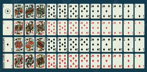 Classic vector playing cards full deck. Printable and editable. Portraits of the King, Queen, Jack and Joker. Spades, hearts, diamonds, clubs suits.