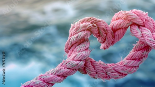Pink mariner rope twisted into a heart shape by the ocean heart formed mariner bunches