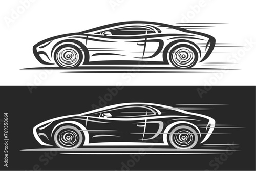 Vector logo for Sport Car  horizontal decorative automotive banners with simple contour illustration of turbo exotic car in moving  art design monochrome concept car on black and white background
