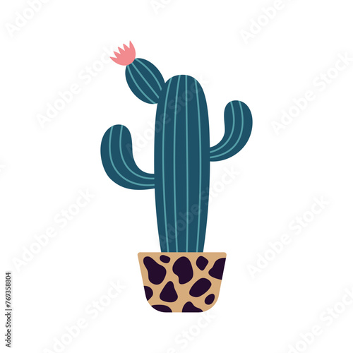 Colorful blooming cacti, succulent in pot. Cute hand drawn sketch of cactus. Doodle style, flat design. Scandinavian, boho style. Vector illustration. Exotic and Tropical Plant, home decor