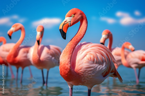 Flamboyant flamingo standing in the ocean waters under a bright blue sky with fluffy clouds