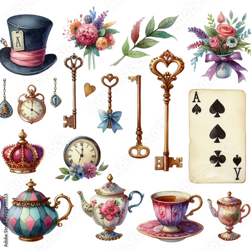 Cut out set of Watercolor Alice in Wonderland Clipart Set Mad Hatter's Tea Party Elements, Including Keys, Cards, and Tea Pot photo