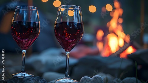 two red wine glasses by a firepit in a campground moonlight stars heart molded inflatables and confeti photo