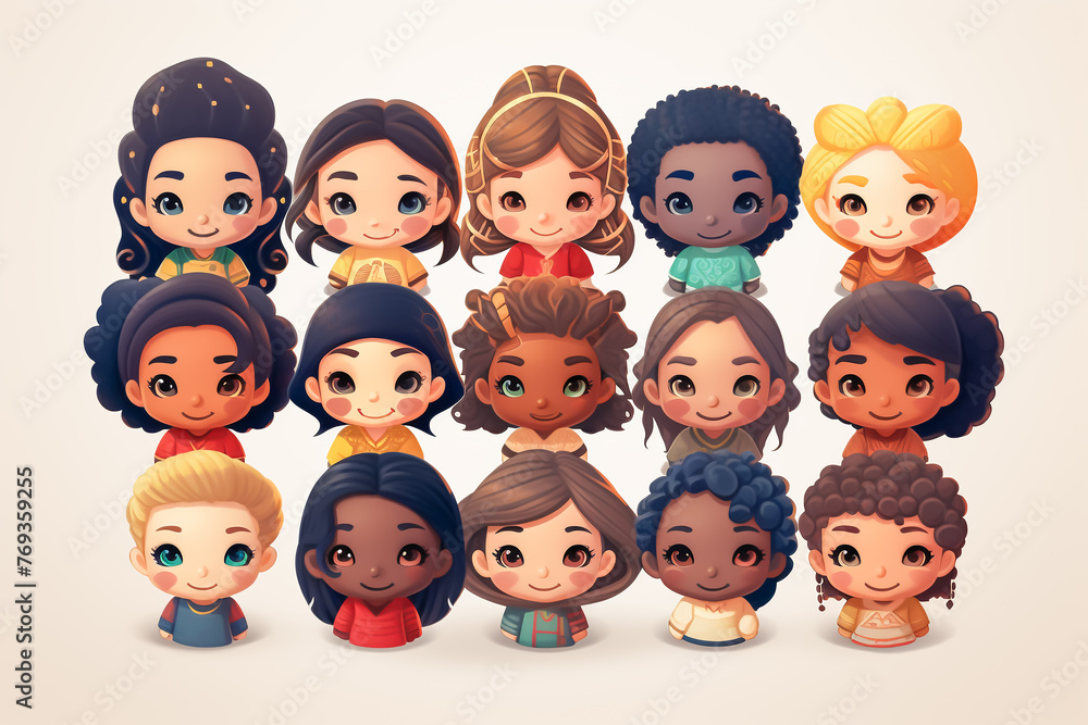 Diversity concept illustration. Flat design chibi characters with people of various ethnic backgrounds including Asian, African, Middle Eastern, Slavic, European, and Latin.