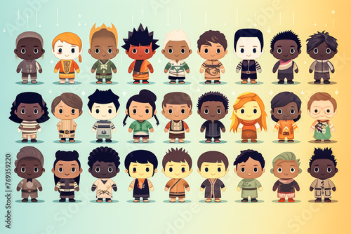 Diversity concept illustration. Flat design chibi characters with people of various ethnic backgrounds including Asian, African, Middle Eastern, Slavic, European, and Latin. photo