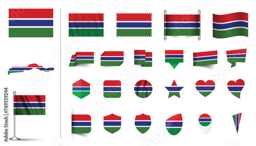 Free Download set of Gambia flag, flat Icon set vector illustration. collection of national symbols on various objects and state signs. flag button, waving, 3d rendering symbols - GFXLoad