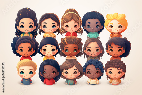 Diversity concept illustration. Flat design chibi characters with people of various ethnic backgrounds including Asian, African, Middle Eastern, Slavic, European, and Latin. photo