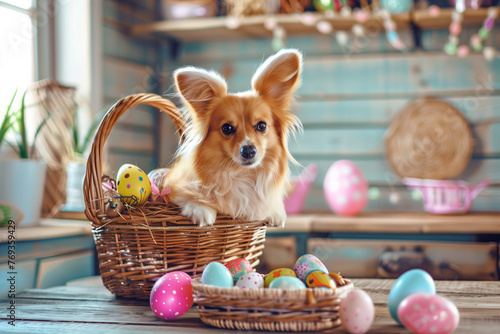 A dog wearing bunny ears sits in front of a basket of Easter eggs. The dog appears to be happy and playful, and the basket of eggs adds a festive touch to the scene