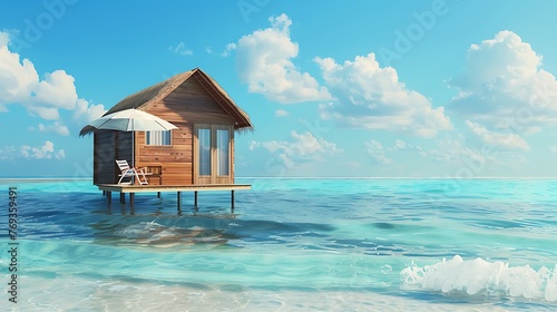 Smaller than normal wooden house with white umbrella on tropical sandy ocean side  © Emma