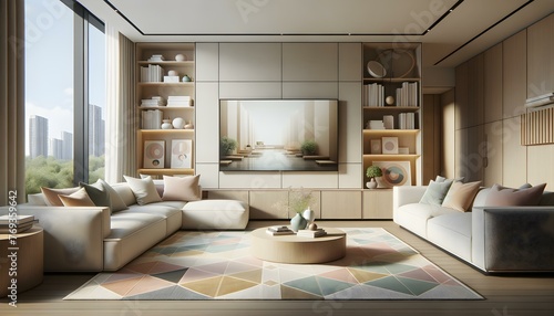 Home Interior Design of Modern Living Room with Harmonious Earth Tones and Geometric Rug © CreativeCanvas