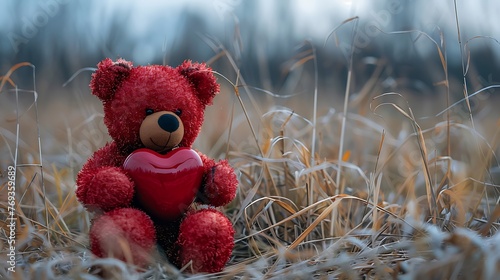 Teddy hold on for a red heart molded swell on obscured nature background